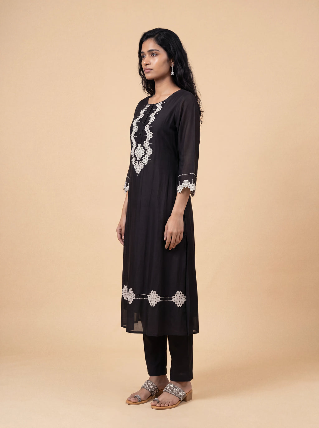 Black chanderi patch work and sequins embroidery kurta set