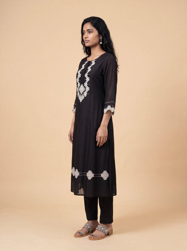 Black chanderi patch work and sequins embroidery kurta set