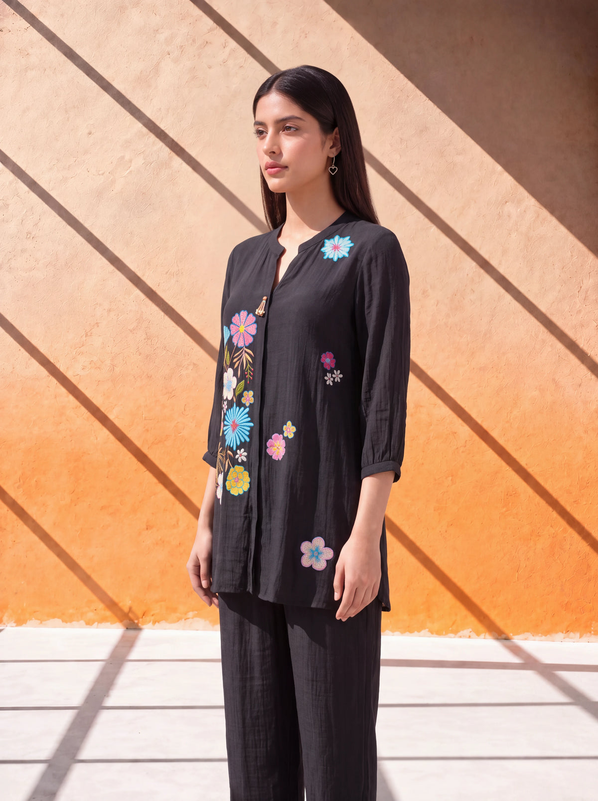 Black viscose coordinate set with colourful floral khat embroidery