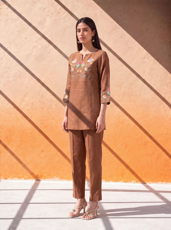 Brown pure linen coordinate set with floral organza patch embroidery
