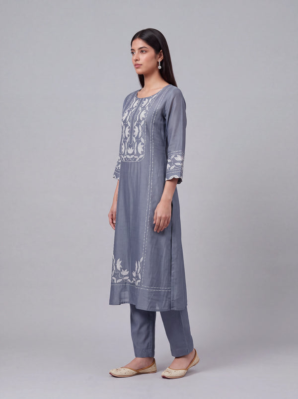State blue chanderi patch work and sequins embroidery kurta set