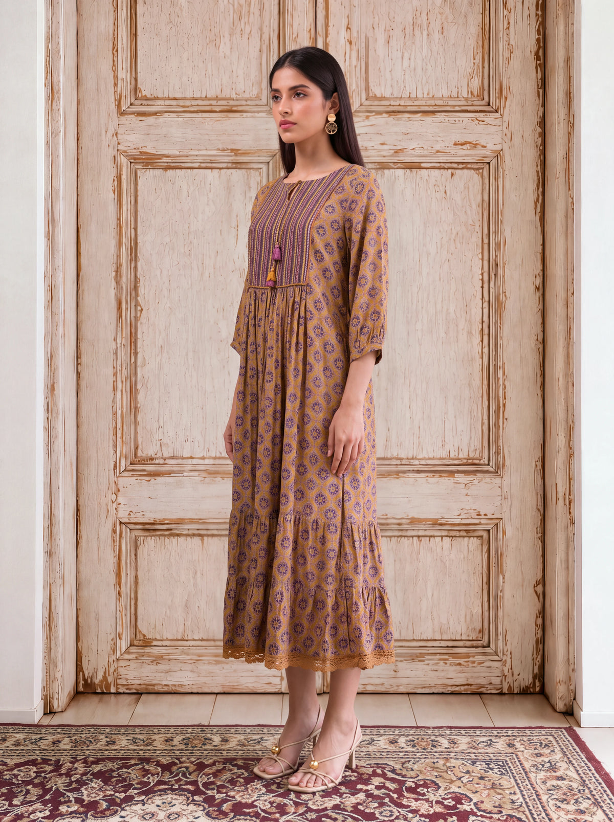 Mustard crepe khat-embroidered tassel-detailed fusion dress