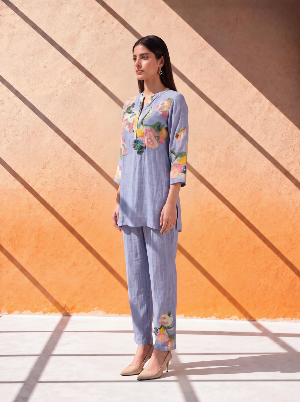 Blue cotton-silk coordinate set with floral khat and kardana embroidery