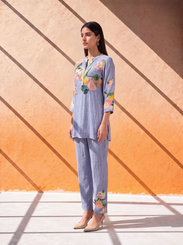 Blue cotton-silk coordinate set with floral khat and kardana embroidery