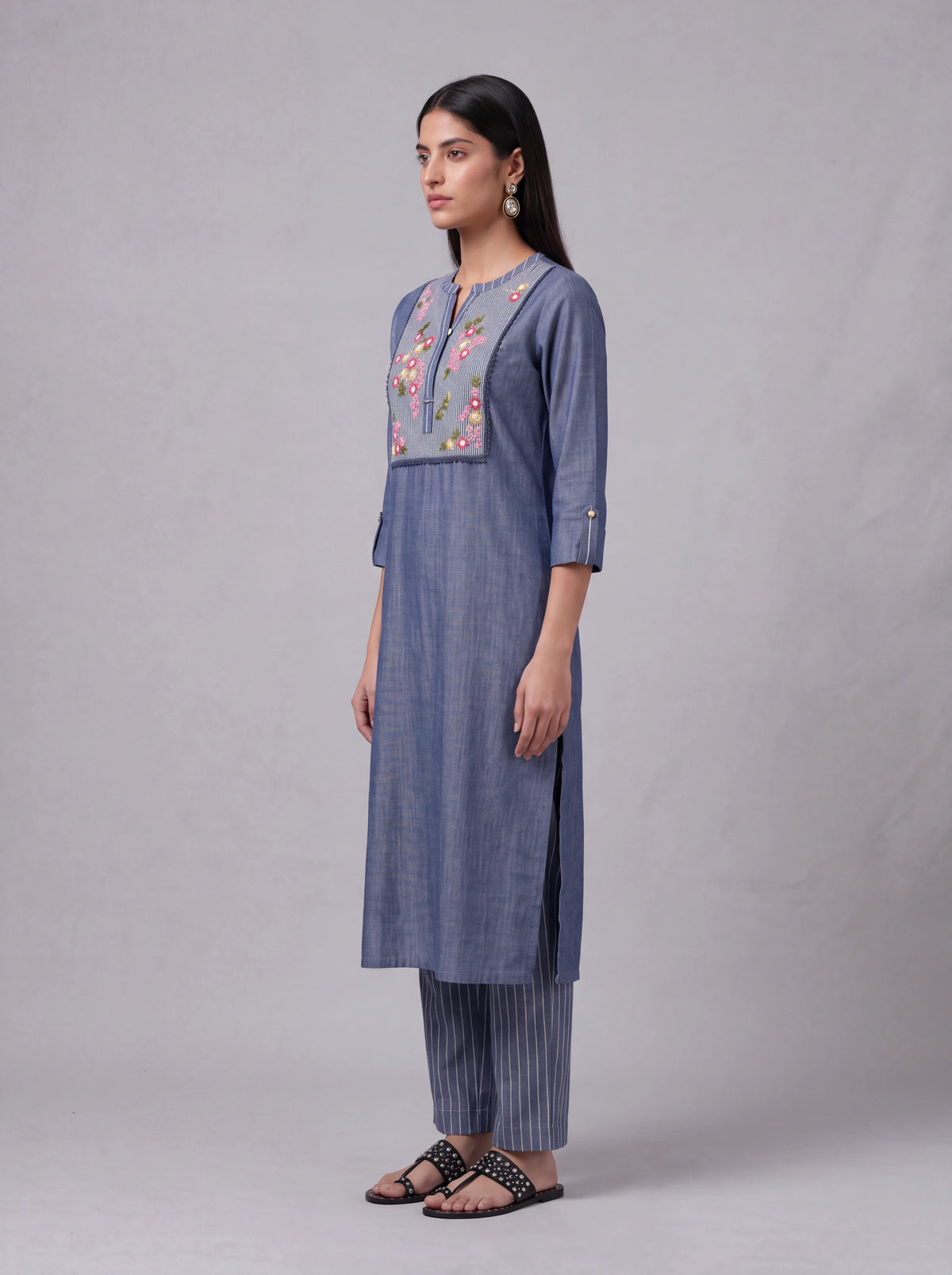 Blue cotton thread embroidery kurta set