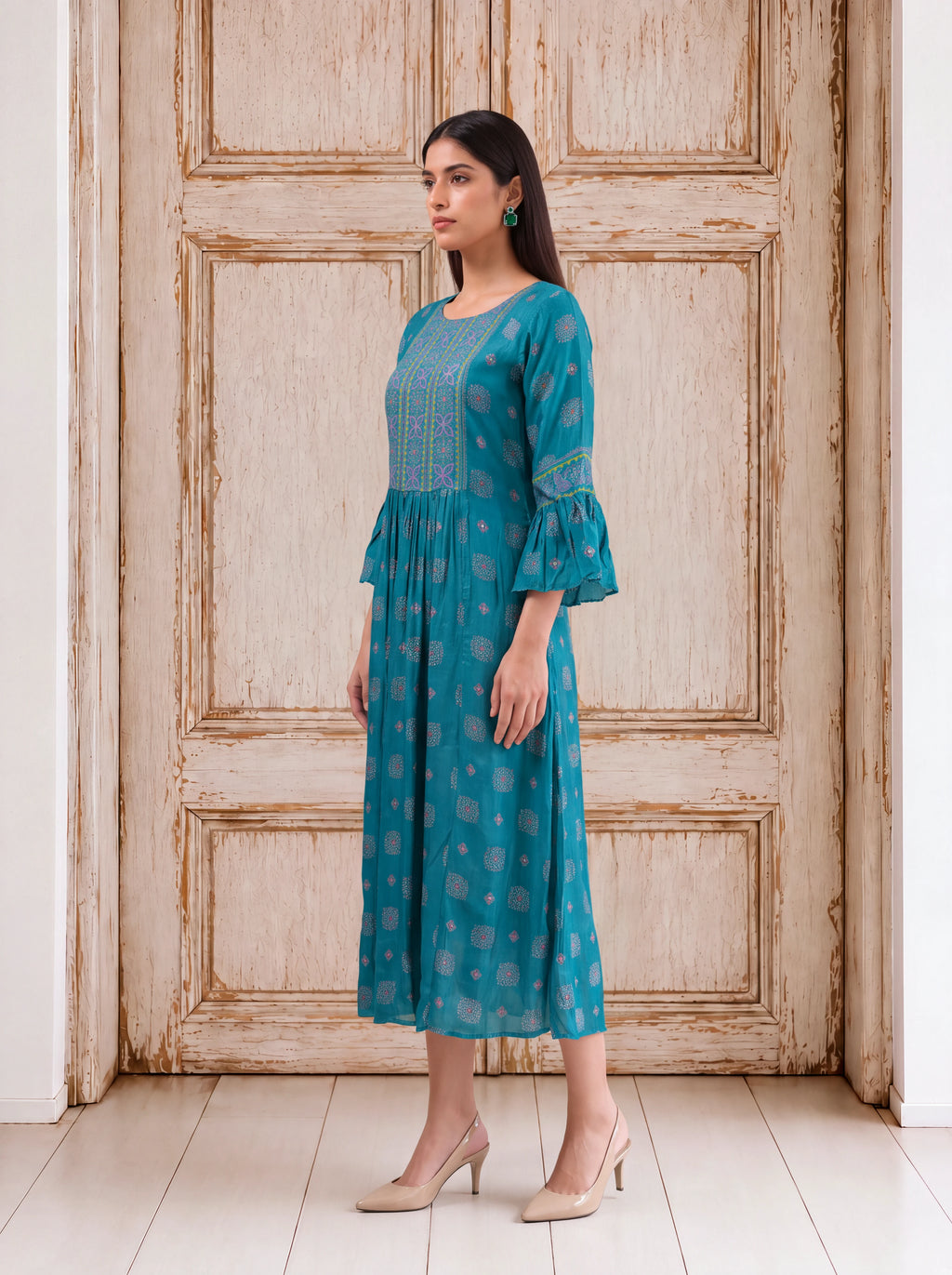 Teal crepe printed dress with hand sequins embroidery