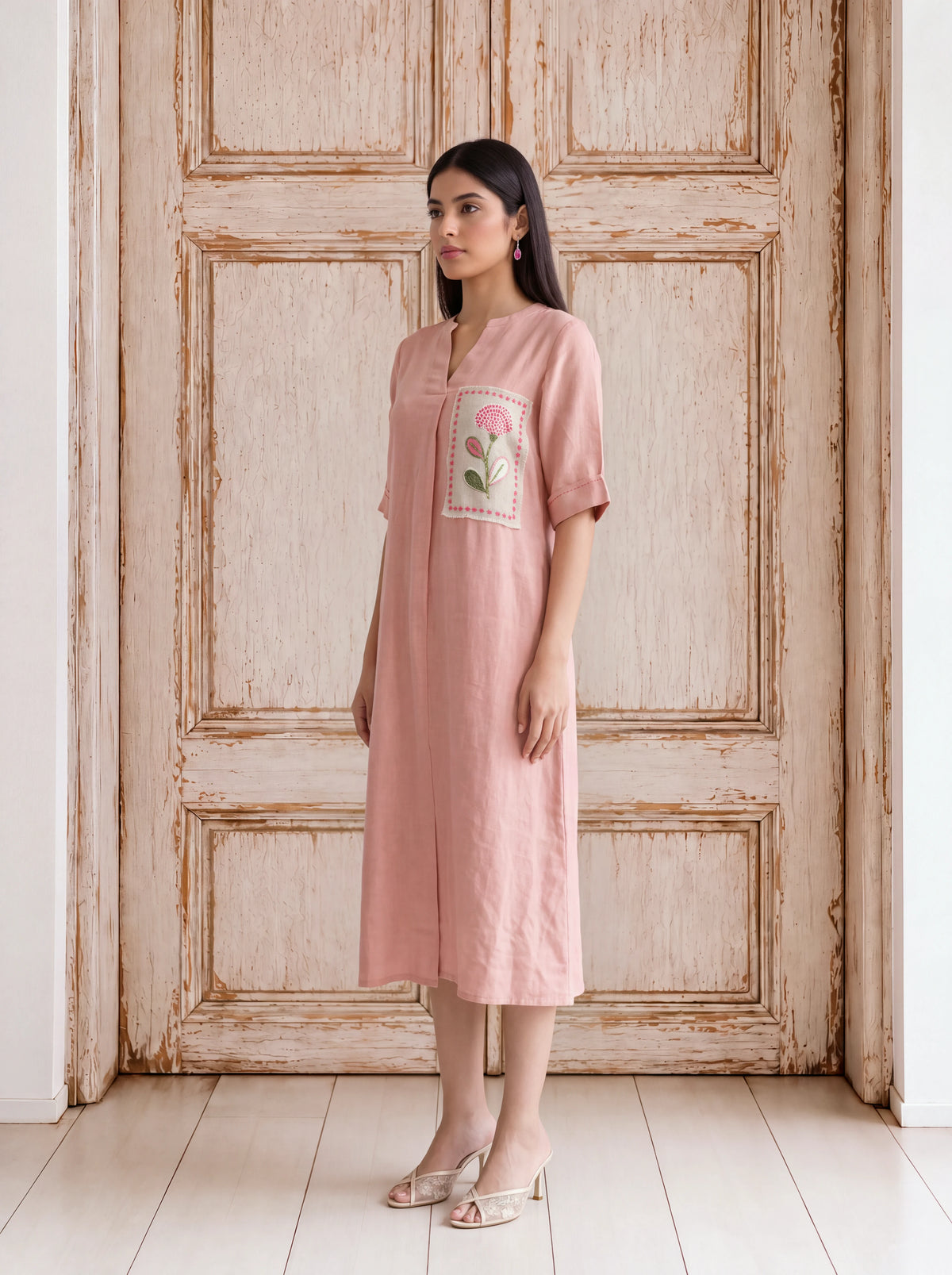 Blush-pink linen patchwork khat-embroidered fusion dress