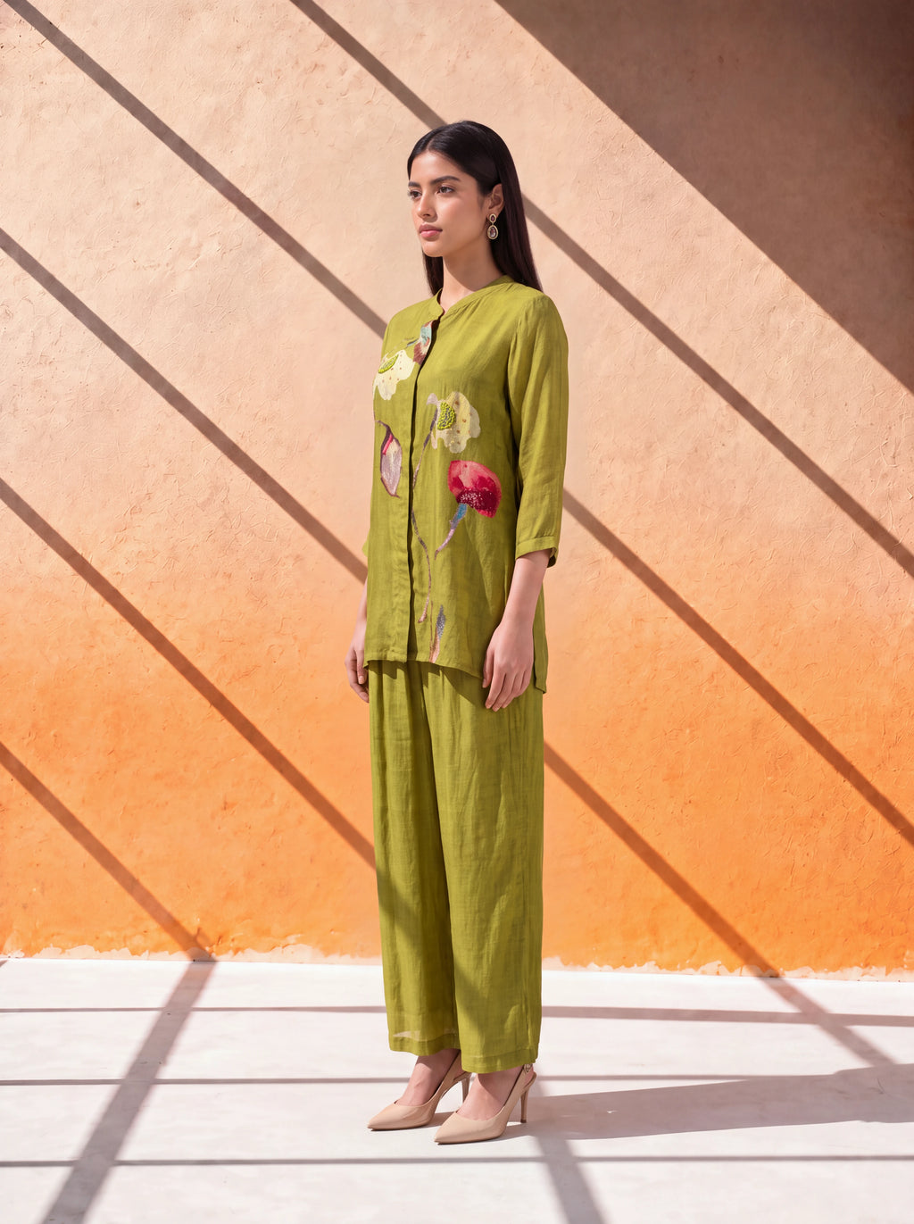 Mehndi green cotton-silk coordinate set with floral print and khat-kardana embroidery