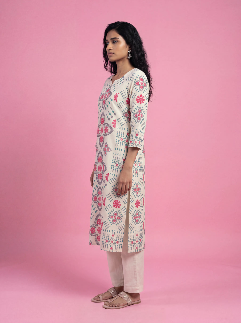 White printed cotton kurta set