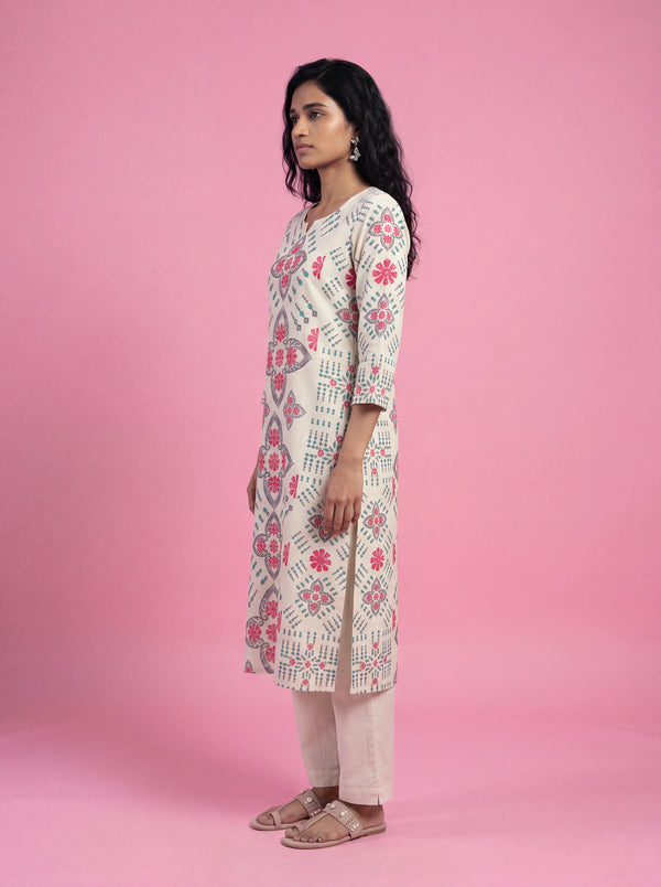 White printed cotton kurta set