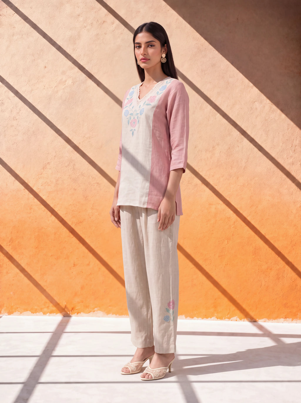 Peach gauze linen coordinate set with lace and yoke embroidery
