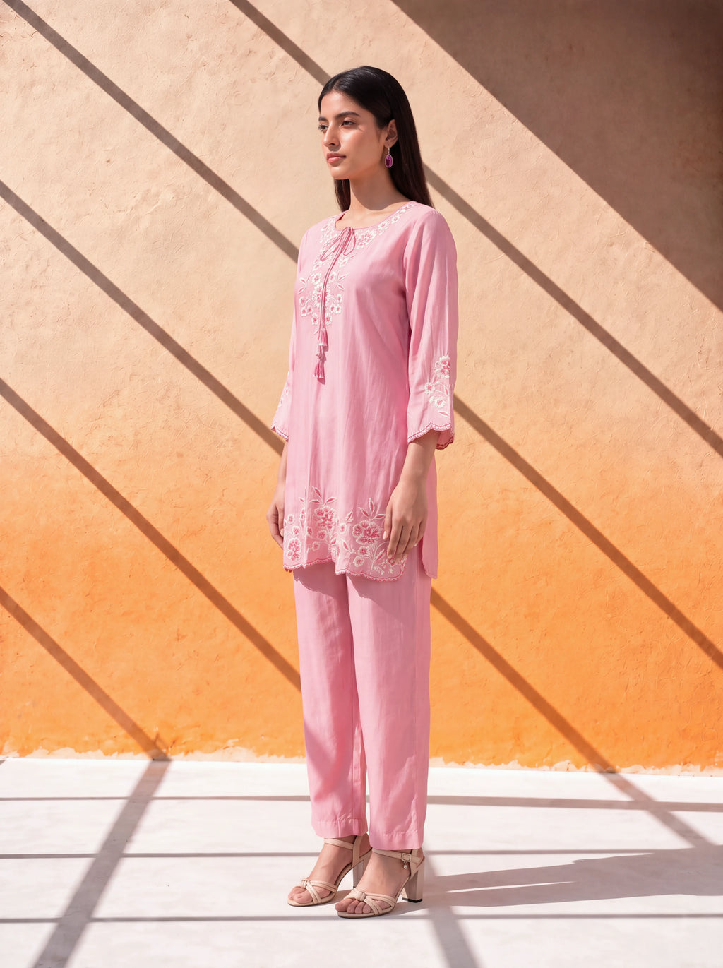 Blush-pink chanderi coordinate set with floral khat embroidery and scalloped detailing