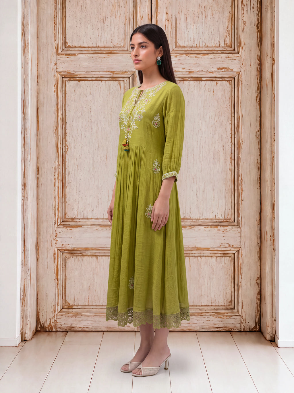 Olive viscose embroidered and lace-detailed fusion dress