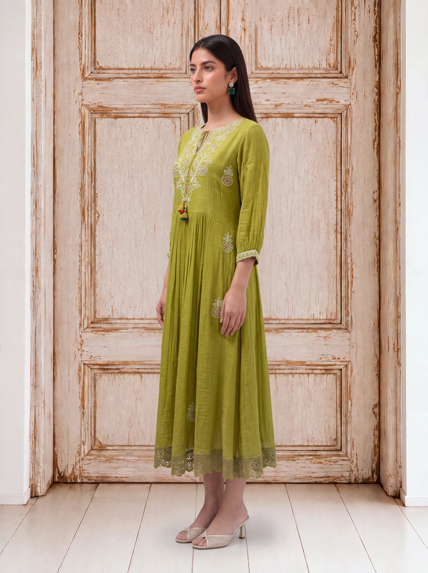 Olive viscose embroidered and lace-detailed fusion dress