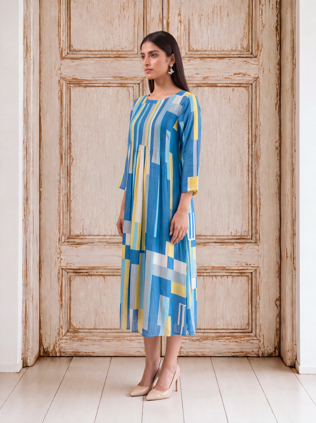 Blue crepe abstract geometric pleated fusion dress